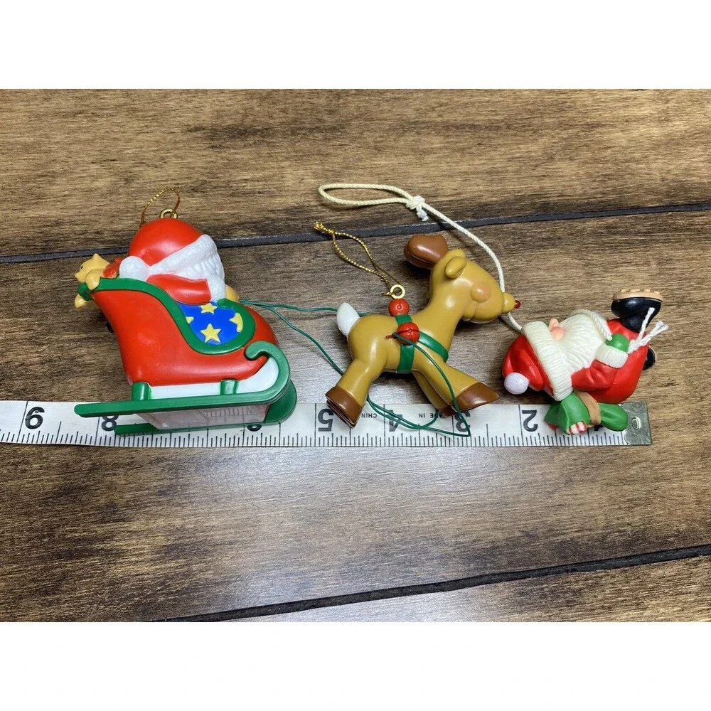 Santa Claus Christmas Tree Ornaments Sleigh Rudolph Plastic Small Red Green